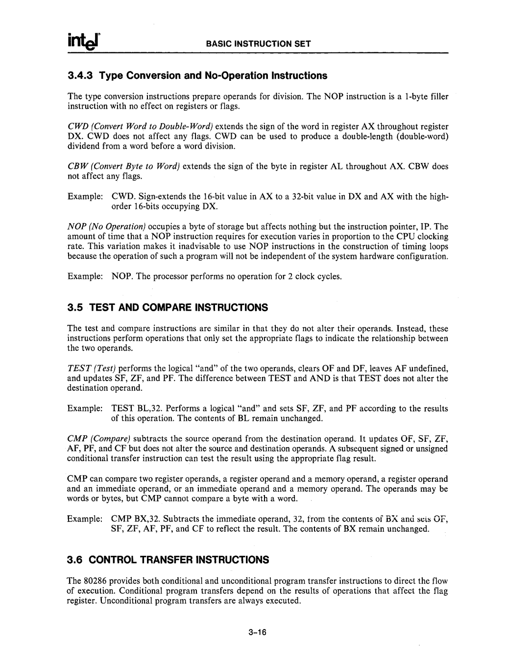 Intel 80287 Type Conversion and No-Operation Instructions, Test and Compare Instructions, Control Transfer Instructions 