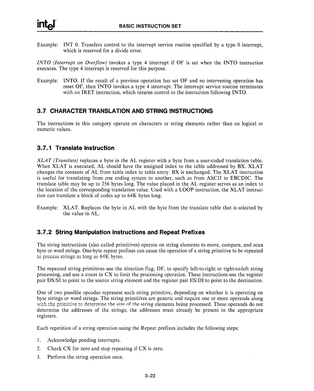 Intel 80287, 80286 manual Character Translation and String Instructions, Translate Instruction 