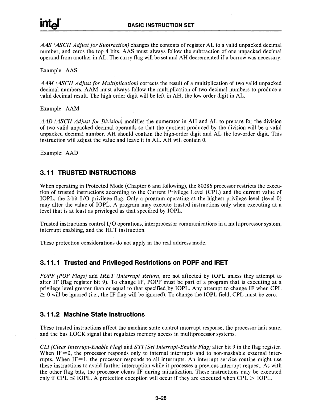 Intel 80287, 80286 Trusted Instructions, Trusted and Privileged Restrictions on Popf and Iret, Machine State Instructions 