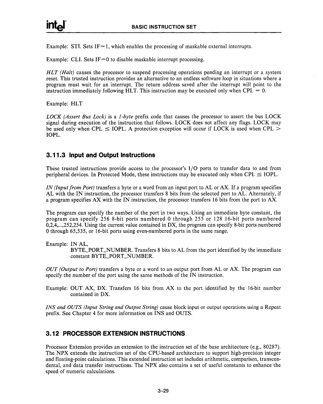 Intel 80286, 80287 manual Input and Output Instructions, Processor Extension Instructions 