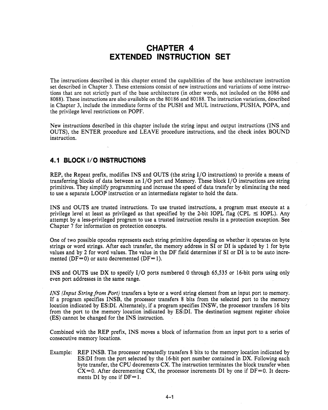 Intel 80286, 80287 manual Chapter Extended Instruction SET, Block 1/0 Instructions 