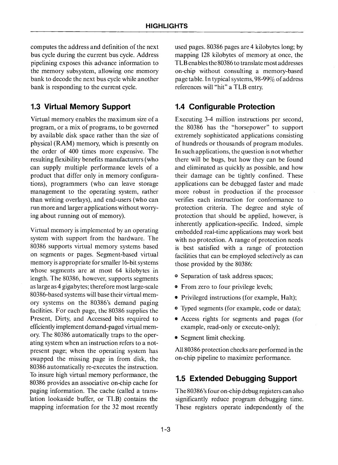 Intel 80386 manual Virtual Memory Support, Configurable Protection, Extended Debugging Support 