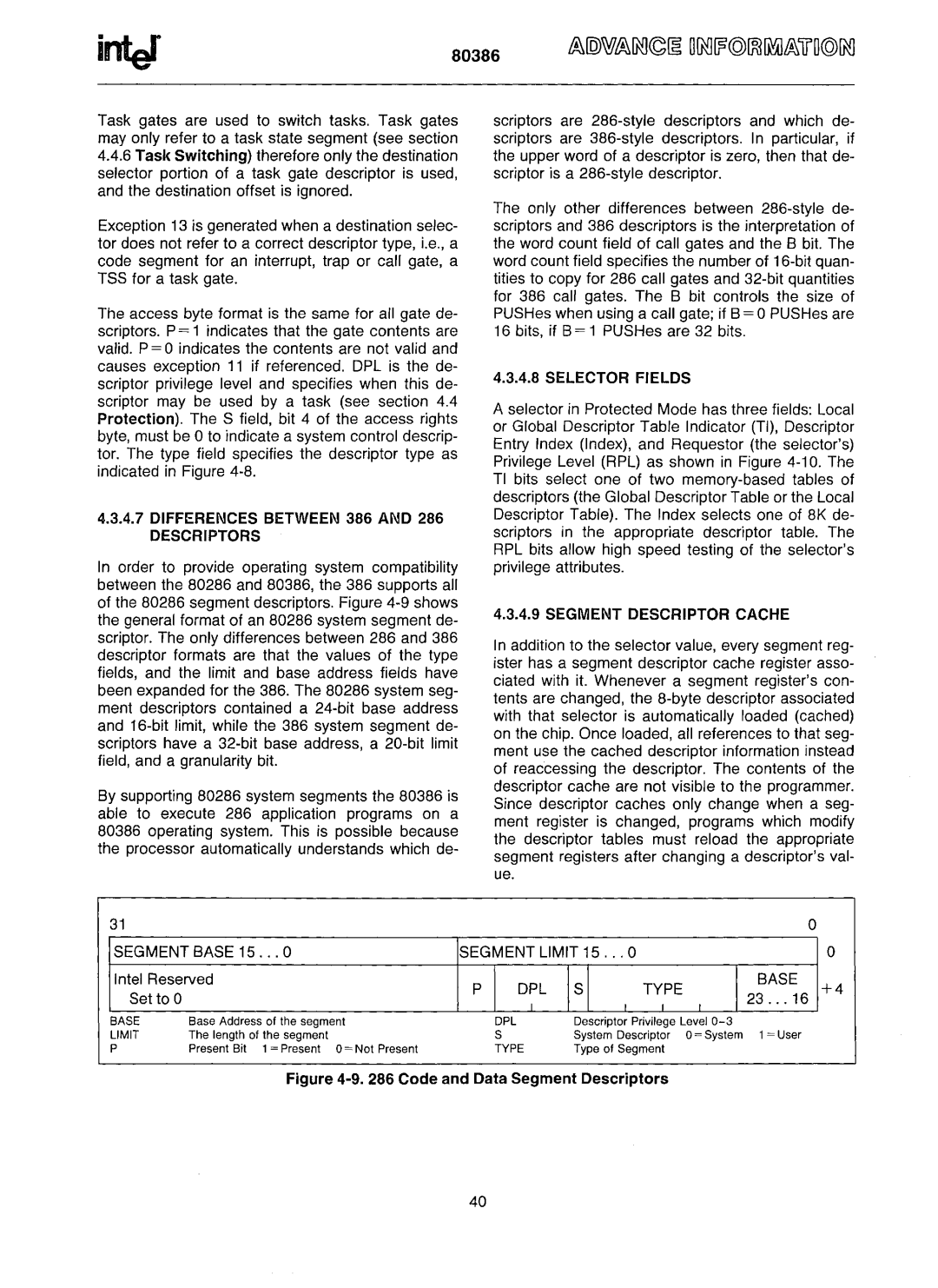 Intel 80386 manual Differences Between 386 and 286 Descriptors, Segment Base 15, Selector Fields, Segment Descriptor Cache 