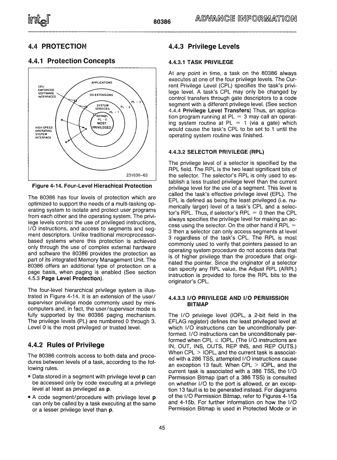 Intel 80386 manual Protection Concepts, Rules of Privilege, Privilege Levels 