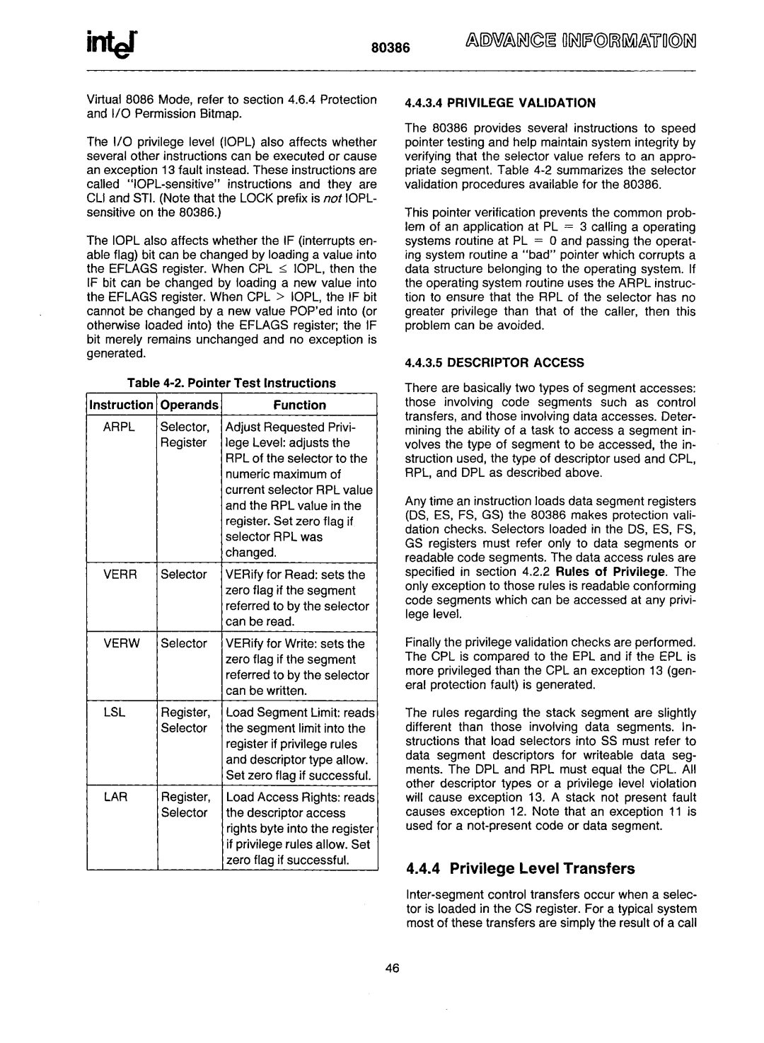 Intel 80386 manual Privilege Level Transfers 