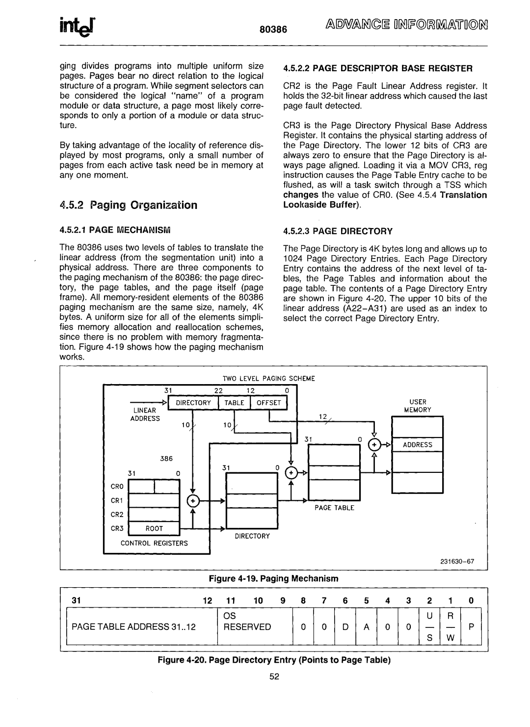 Intel 80386 manual Paging Organization, Mechanism, Descriptor Base Register, Directory, Table Address 31 Reserved 