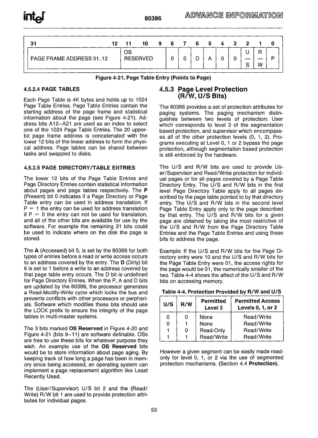 Intel 80386 manual Level Protection R/W, U/S Bits, Frame Address 31 Reserved, Tables, DIRECTORY/TABLE Entries 