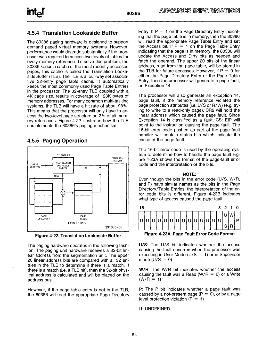 Intel 80386 manual Translation Lookaside Buffer, Paging Operation 