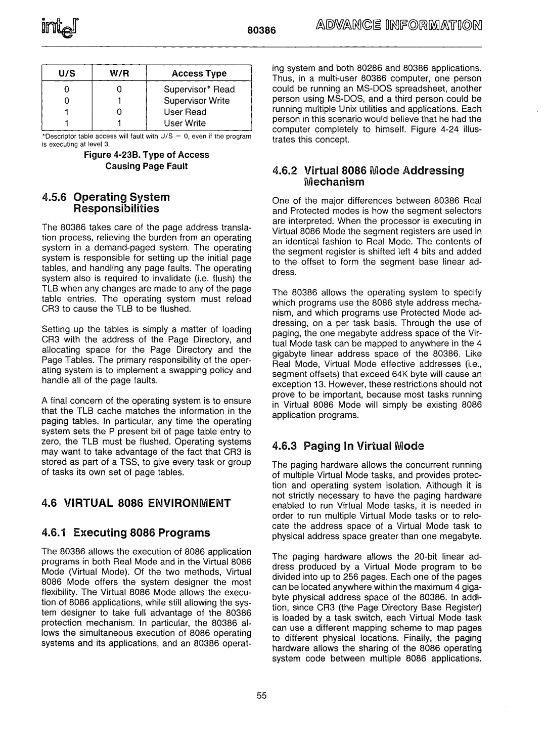 Intel 80386 manual Virtual 8086 Environment, Executing 8086 Programs, Paging In Virtual Mode, Access Type 