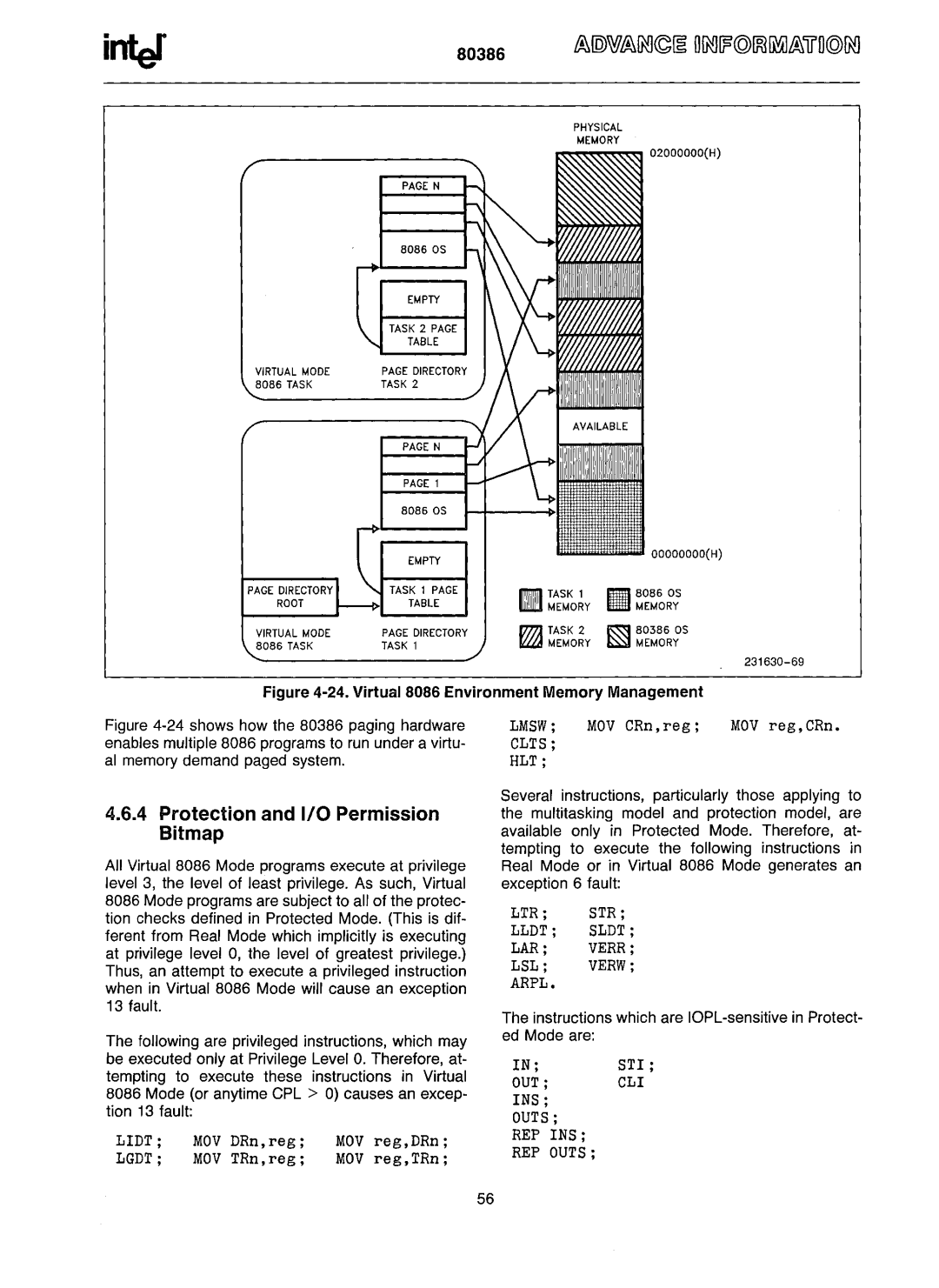 Intel 80386 manual Protection and 1/0 Permission Bitmap, Virtual 8086 Environment Memory Management 