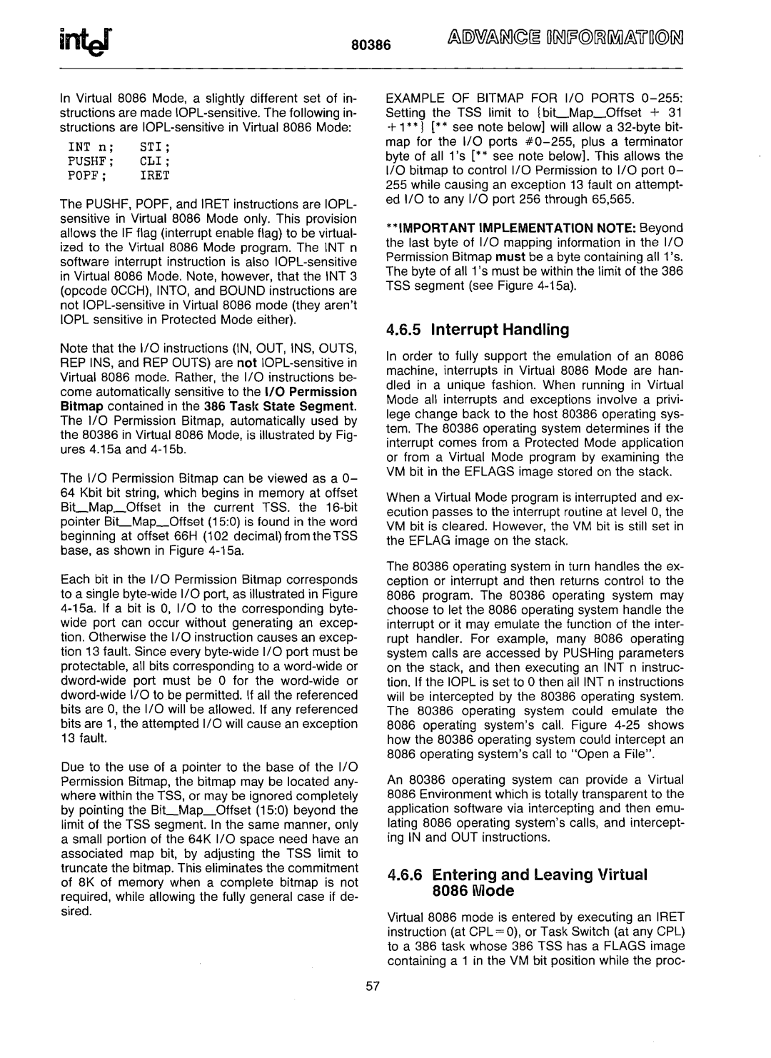 Intel 80386 manual Interrupt Handling, Entering and Leaving Virtual 