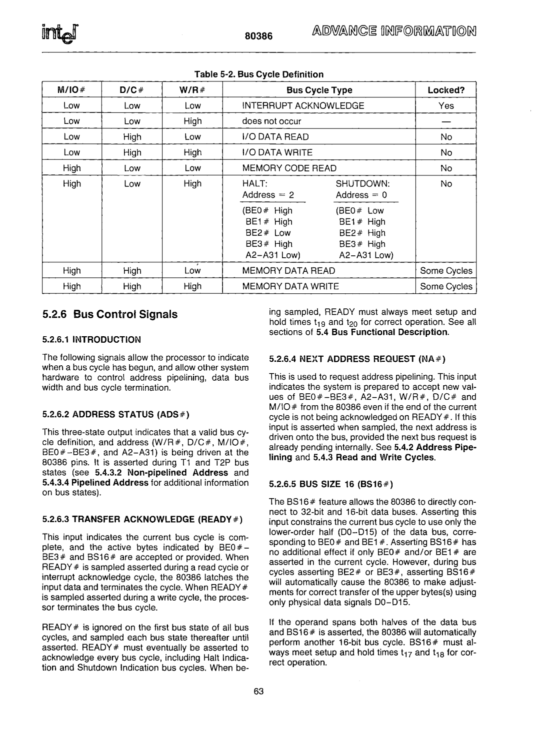 Intel 80386 manual Bus Control Signals, Introduction 