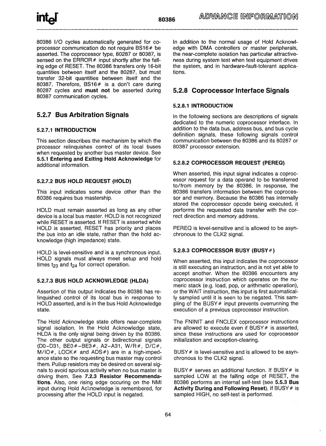 Intel 80386 manual Bus Arbitration Signals, Coprocessor Interface Signals 