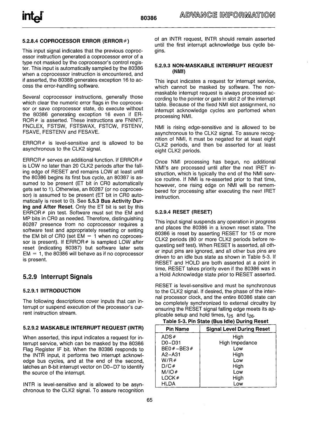 Intel 80386 manual Interrupt Signals 