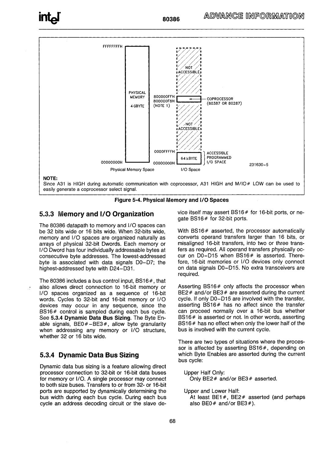 Intel 80386 manual Memory and 110 Organization, Dynamic Data Bus Sizing 