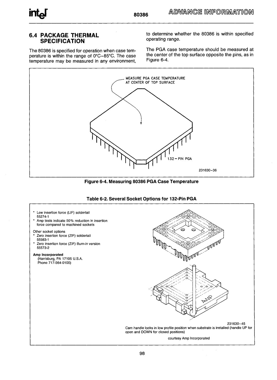 Intel 80386 manual Package Thermal Specification, Measure PGA Case Temperature 