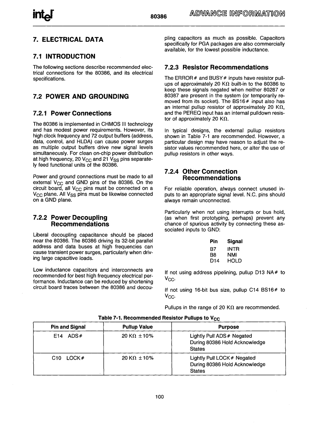 Intel 80386 manual Electrical Data, Power and Grounding 