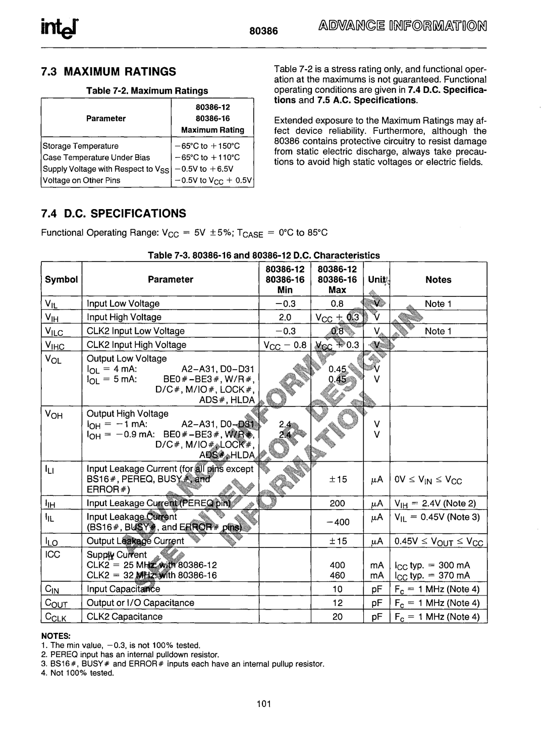 Intel 80386 manual Maximum Ratings, D.C. Specifications 