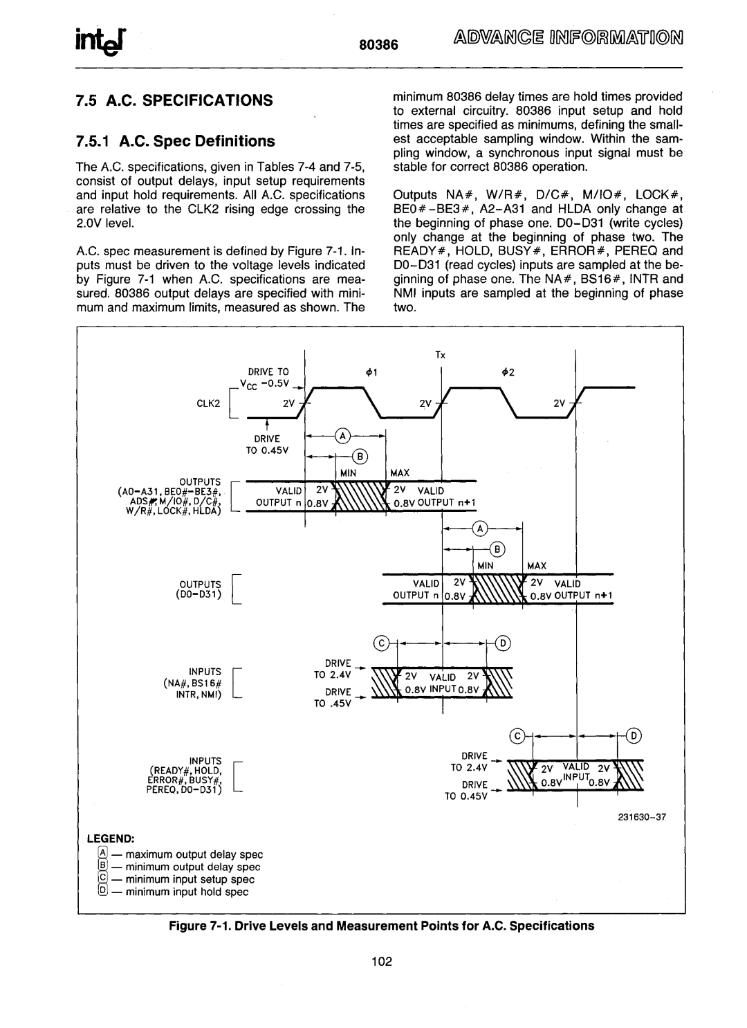 Intel 80386 manual A.C. Specifications, 1 A.C. Spec Definitions, 102 