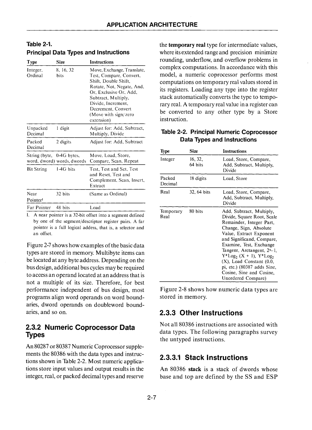 Intel 80386 manual Numeric Coprocessor Data Types, Other Instructions, Stack Instructions 