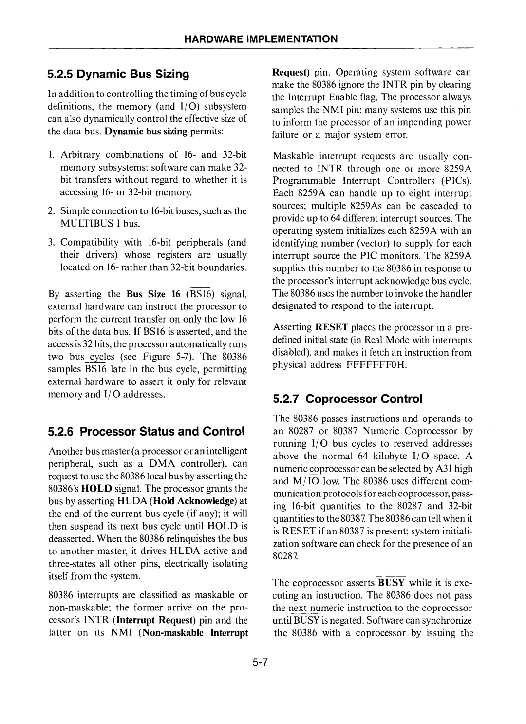 Intel 80386 manual Dynamic Bus Sizing, Processor Status and Control, Coprocessor Control 