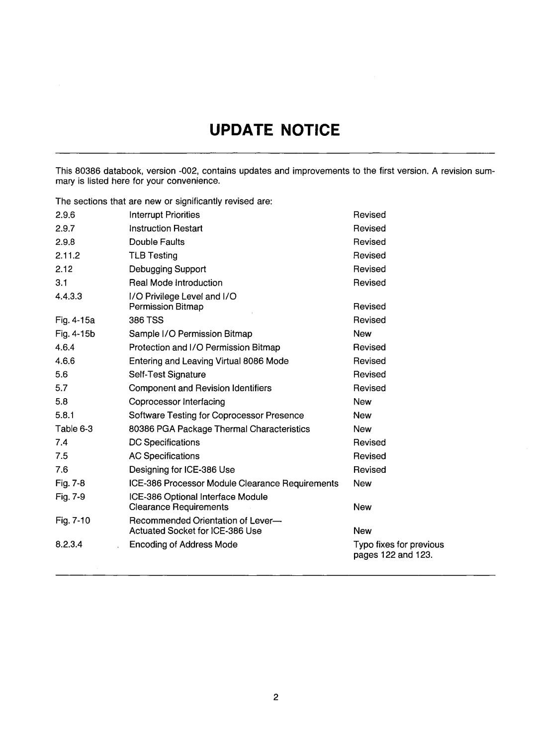 Intel 80386 manual Update Notice 