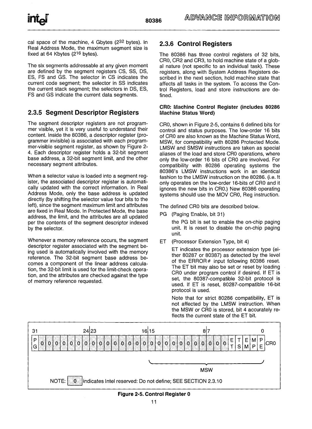 Intel 80386 manual Segment Descriptor Registers, Control Registers, Flects the current state of the ET bit, Msw 