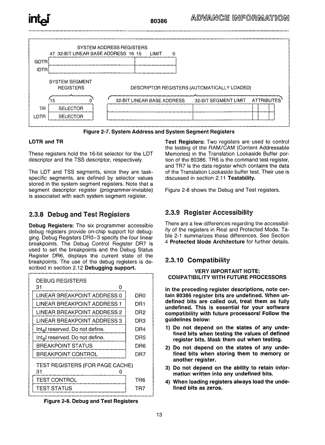 Intel 80386 manual Debug and Test Registers, Register Accessibility, Compatibility 