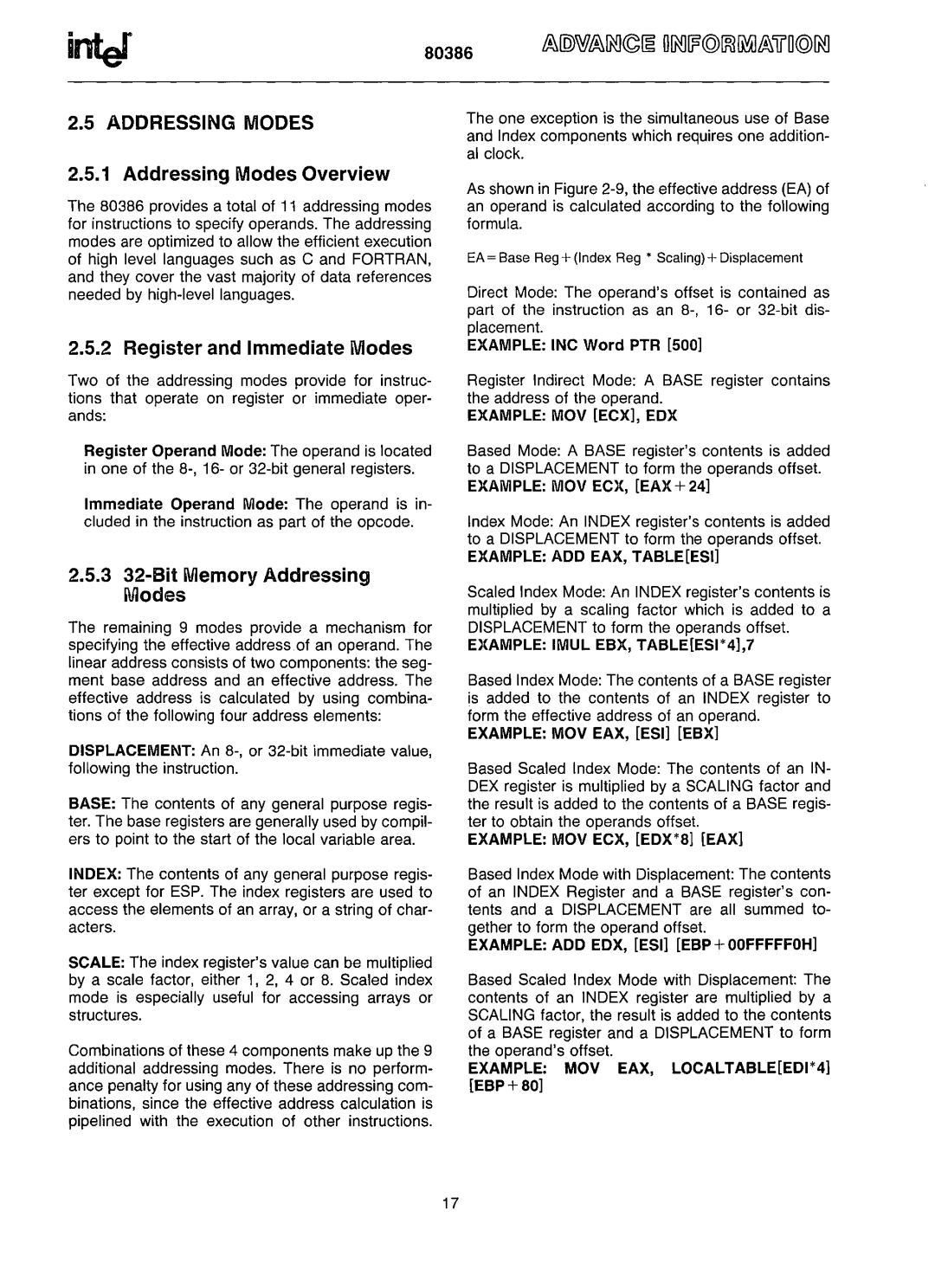 Intel 80386 manual Addressing Modes Overview, Register and Immediate Modes, 3 32-Bit Memory Addressing Modes 