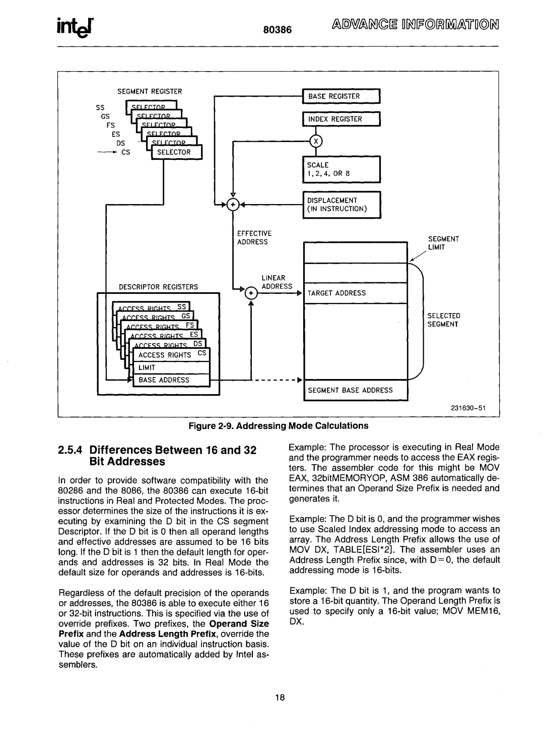 Intel 80386 manual Differences Between 16 and 32 Bit Addresses, Addressing Mode Calculations 