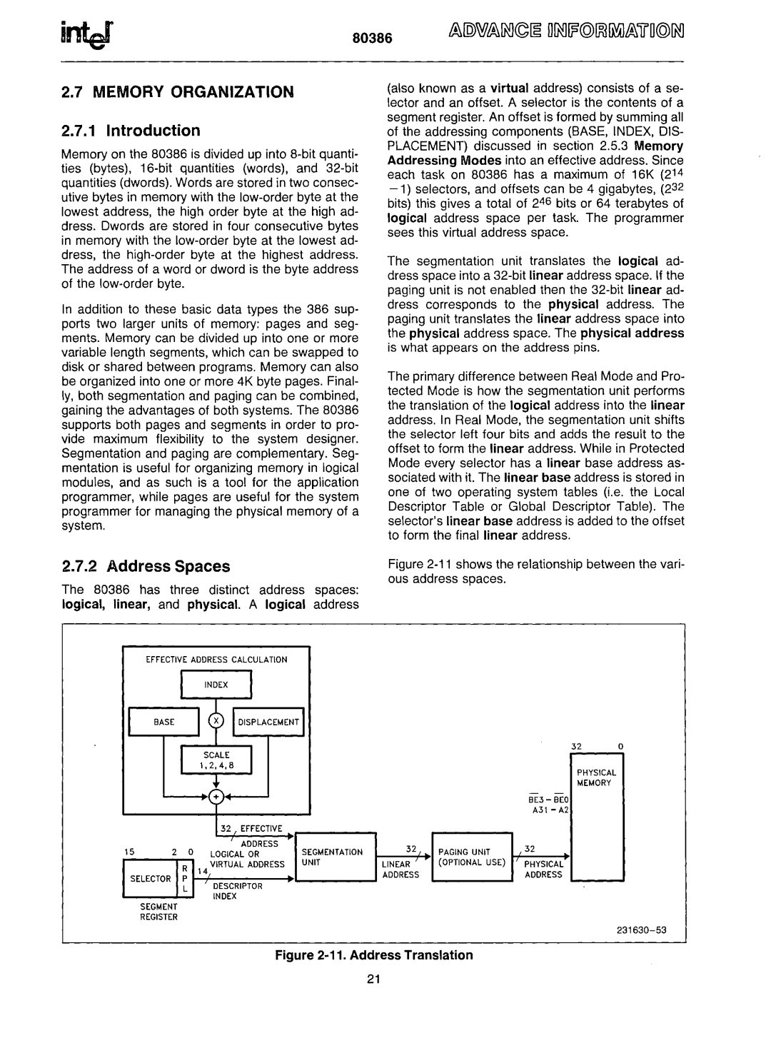 Intel 80386 manual Memory Organization, Introduction, Address Spaces 