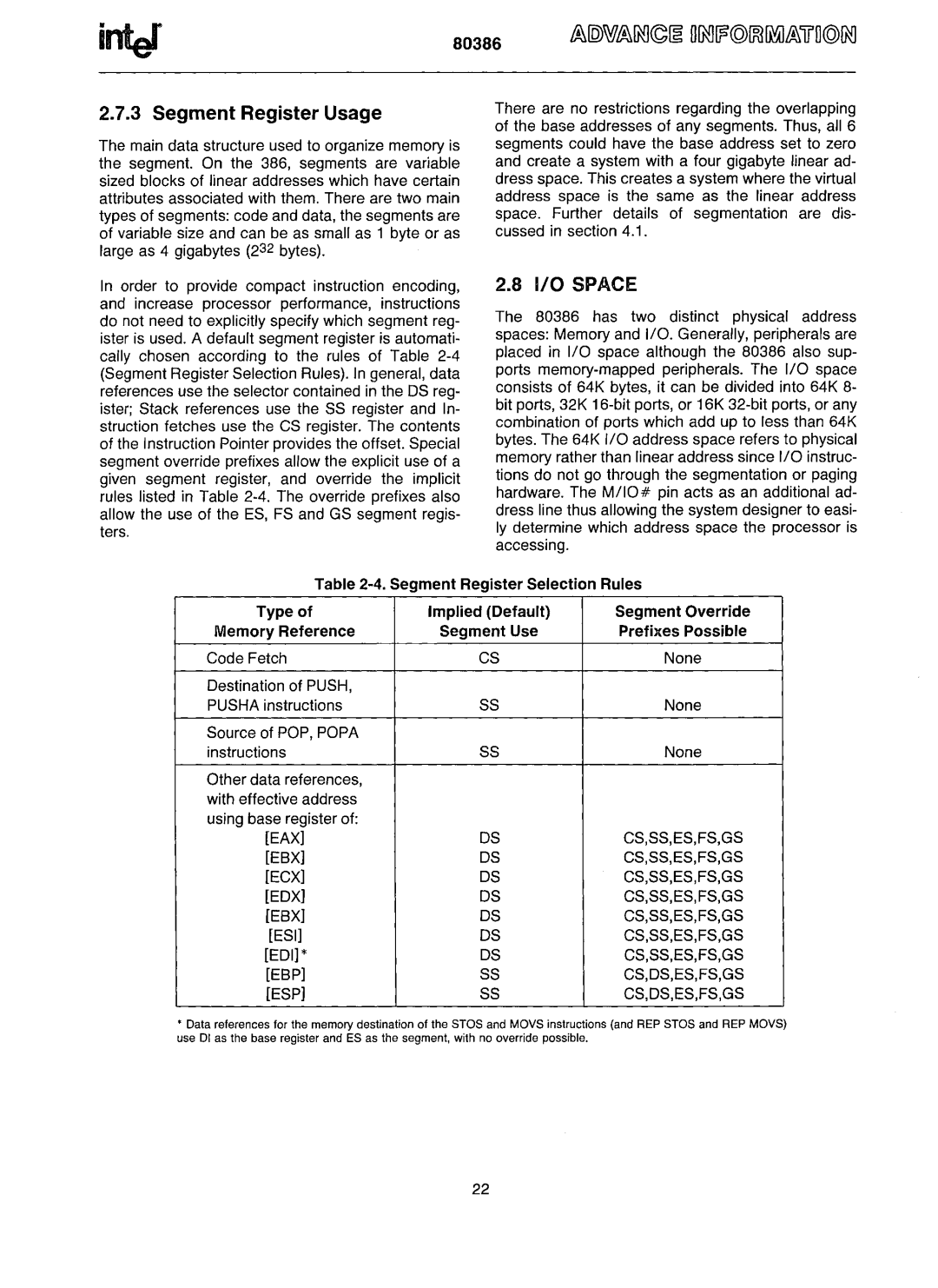 Intel 80386 manual I/O Space, Segment Register Usage 