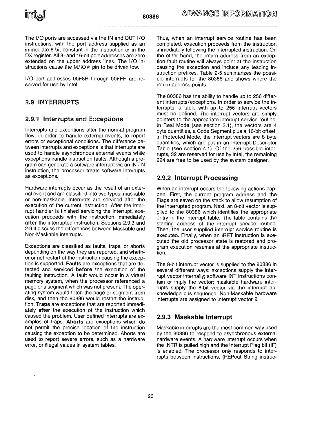 Intel 80386 manual Interrupts and Ecep~ions, Interrupt Processing, Maskable Interrupt 