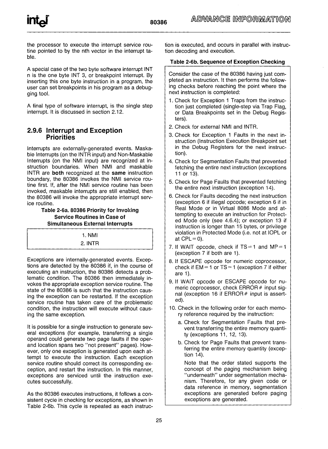 Intel 80386 manual Interrupt and Exception Priorities, NMI 2.INTR 