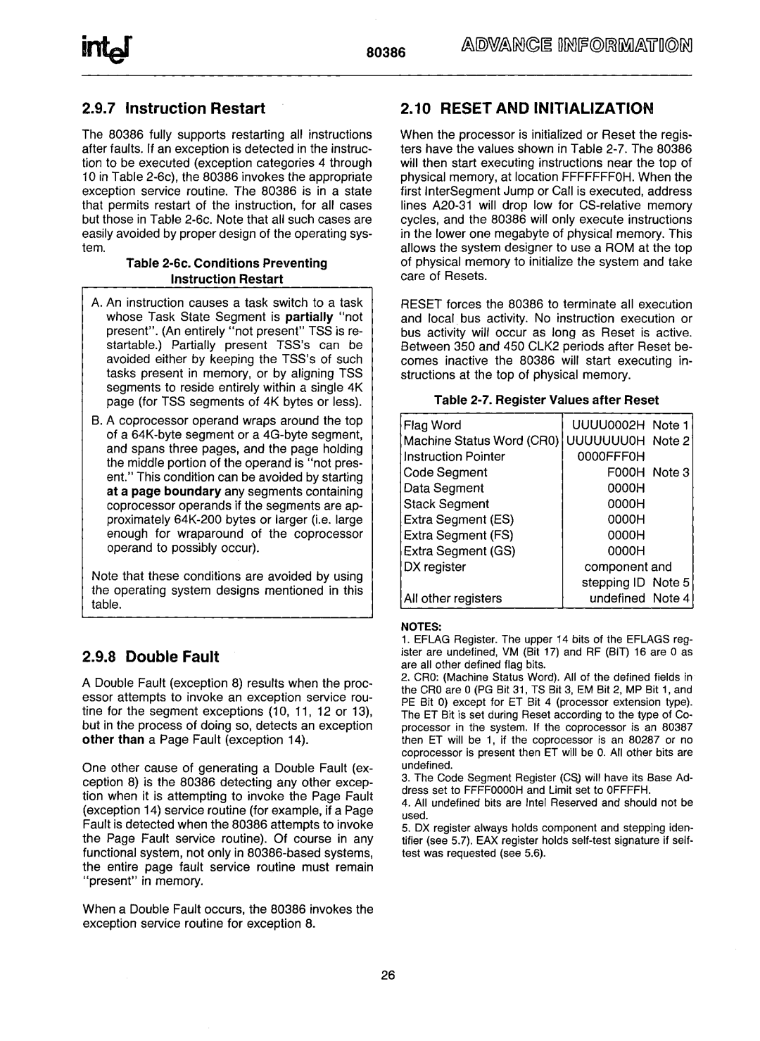 Intel 80386 manual Instruction Restart, Reset and Initialization, Double Fault 