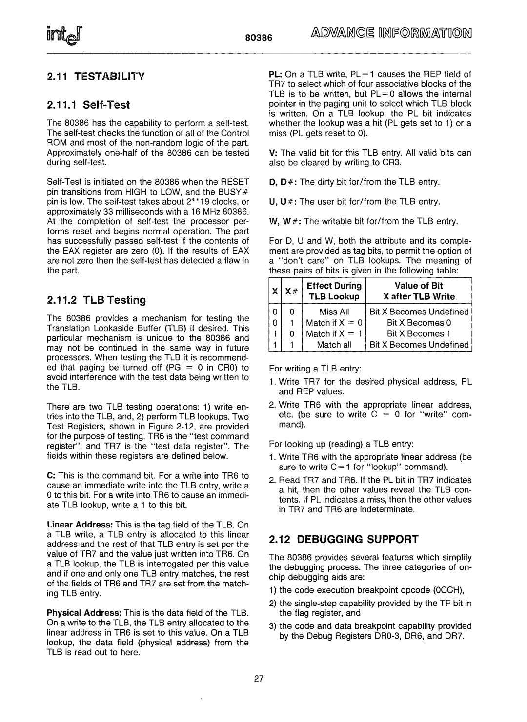 Intel 80386 Testability, Self-Test, TLB Testing, Debugging Support, Effect During Value of Bit TLB Loolcup After TLB Write 