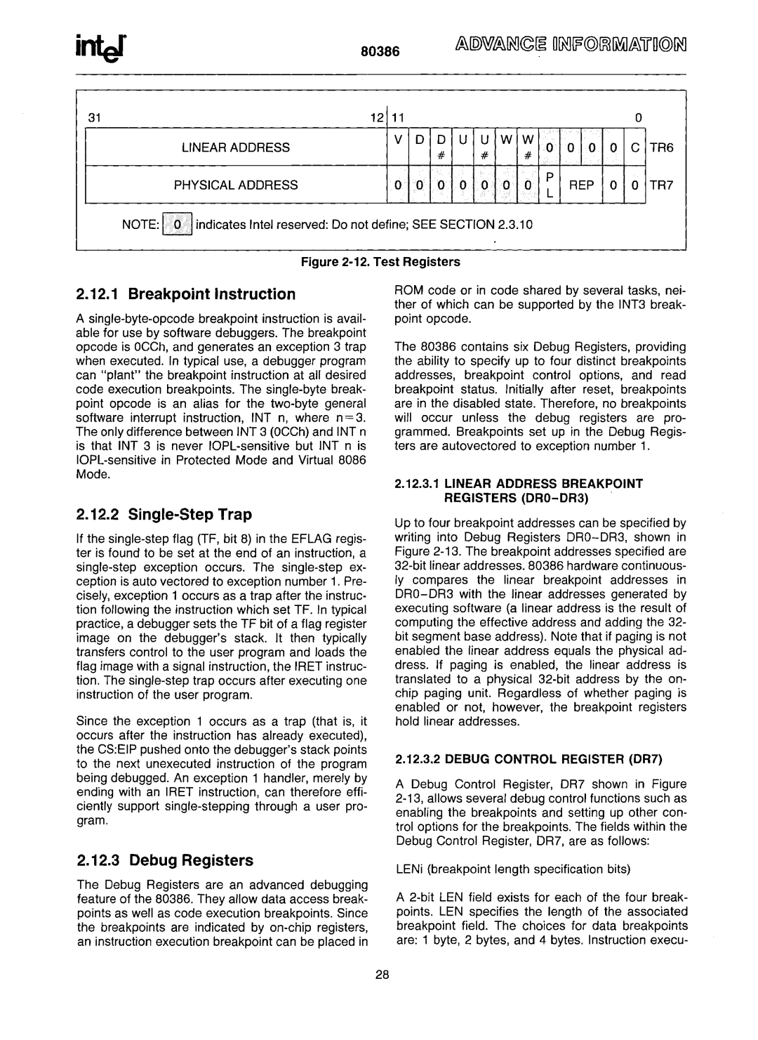 Intel 80386 manual Breakpoint Instruction, Single-Step Trap, Debug Registers 