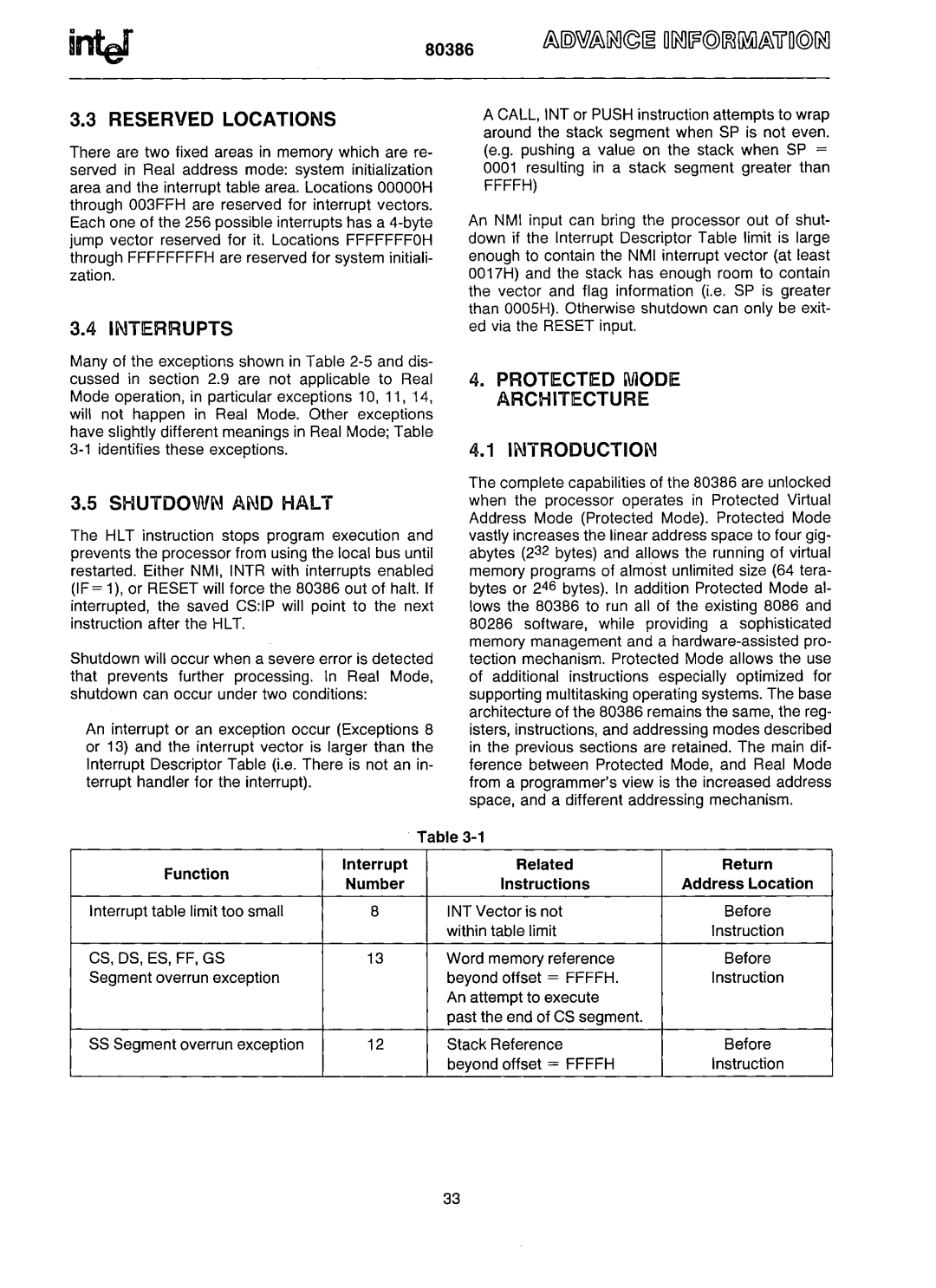 Intel 80386 manual Reserved Locations, Intierrupts, Shutdown and Halt 