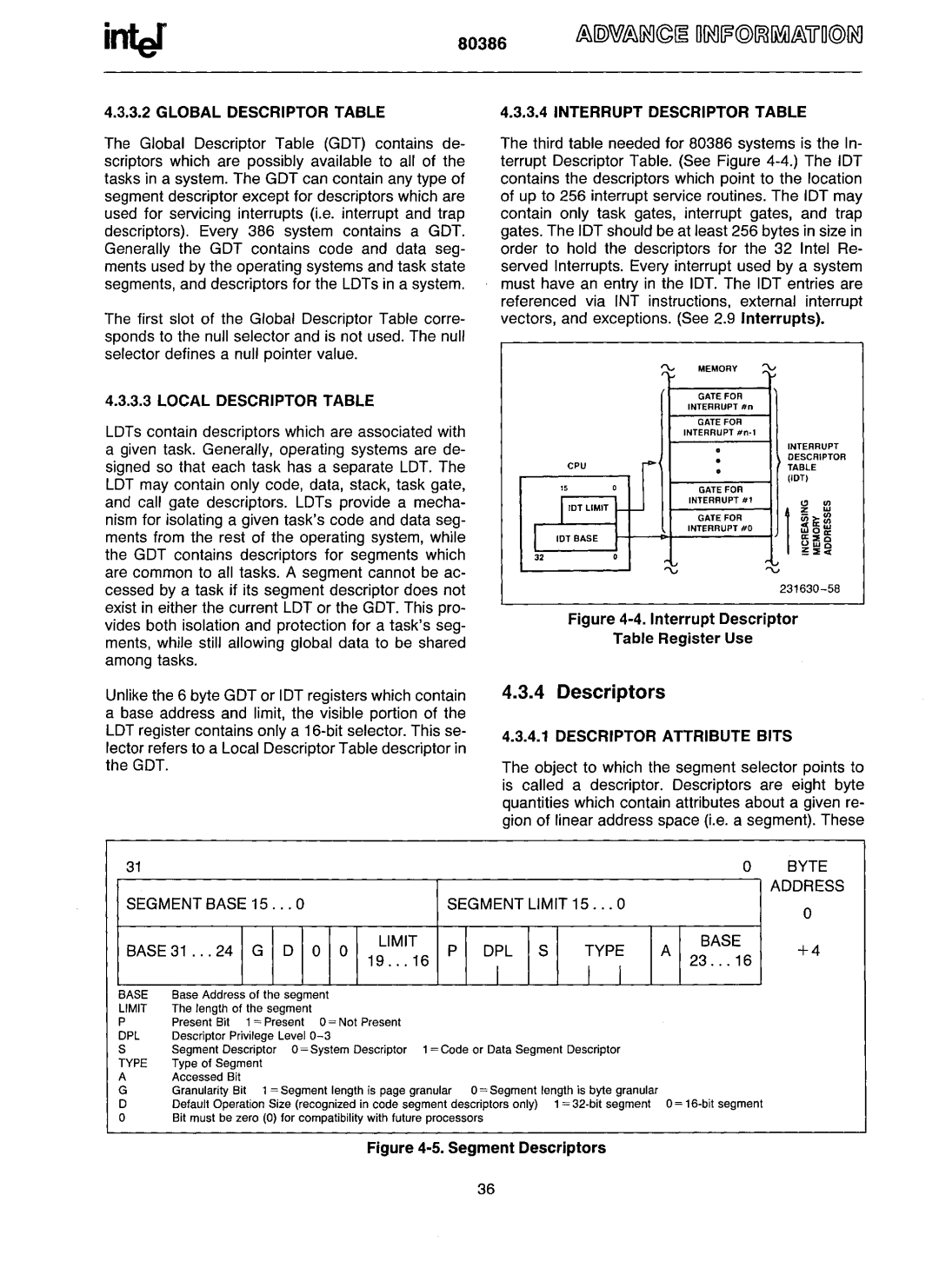 Intel 80386 manual Descriptors, Byte, Address, Segment Base 15 Segment Limit 15, Limit DPL S Type 