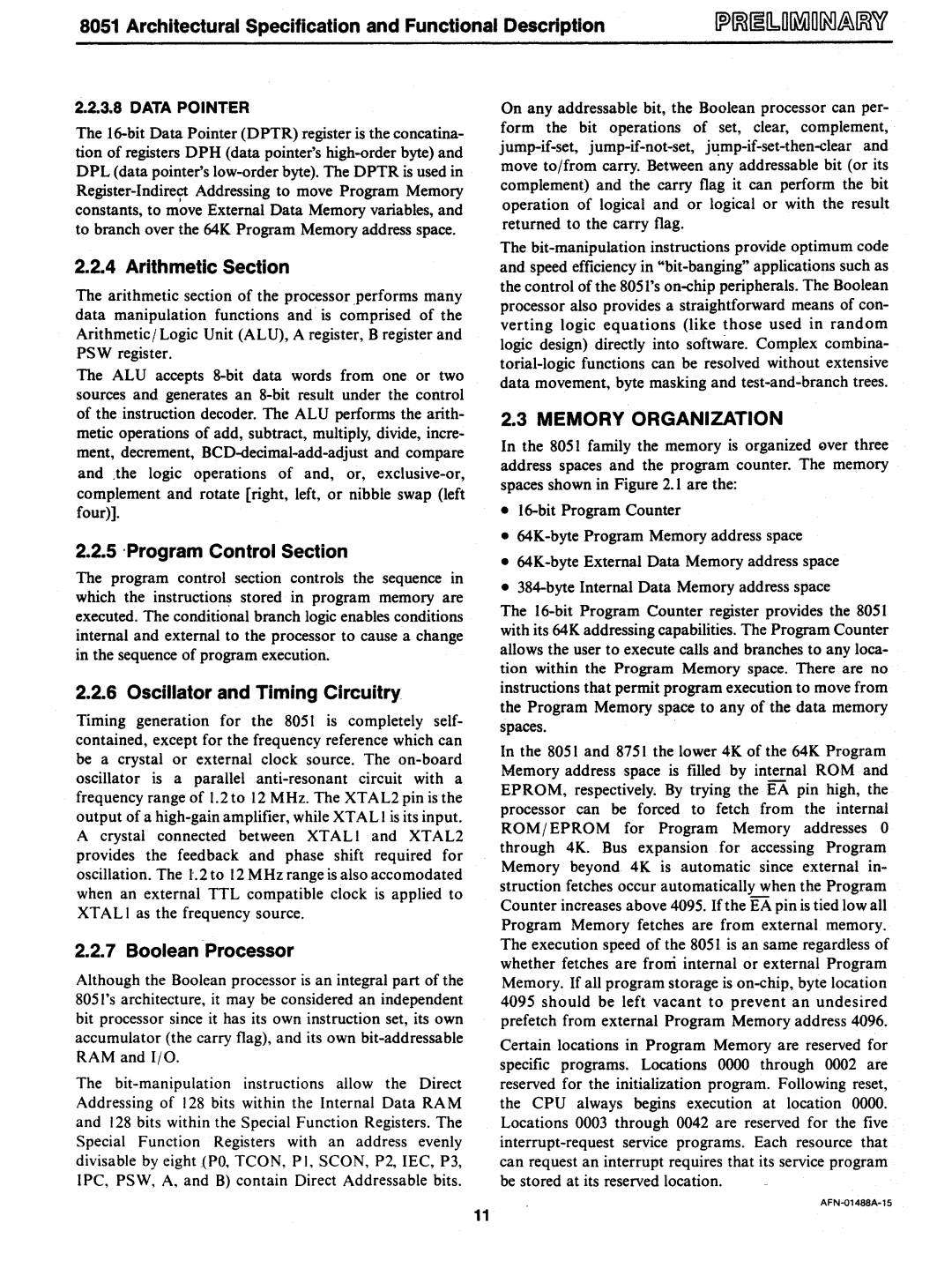 Intel 8051 manual Arithmetic Section, ProgramControl Section, Oscillator and Timing Circuitry, Boolean Processor 