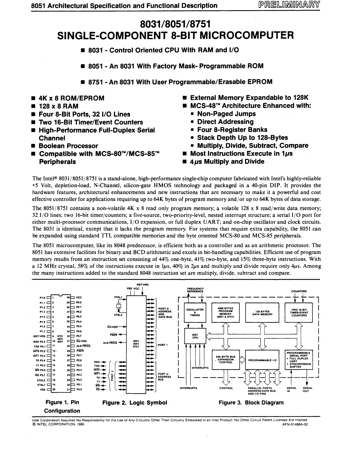 Intel 8051 manual SINGLE-COMPONENT 8-BIT Microcomputer, Architectural Specification and Functional Description 