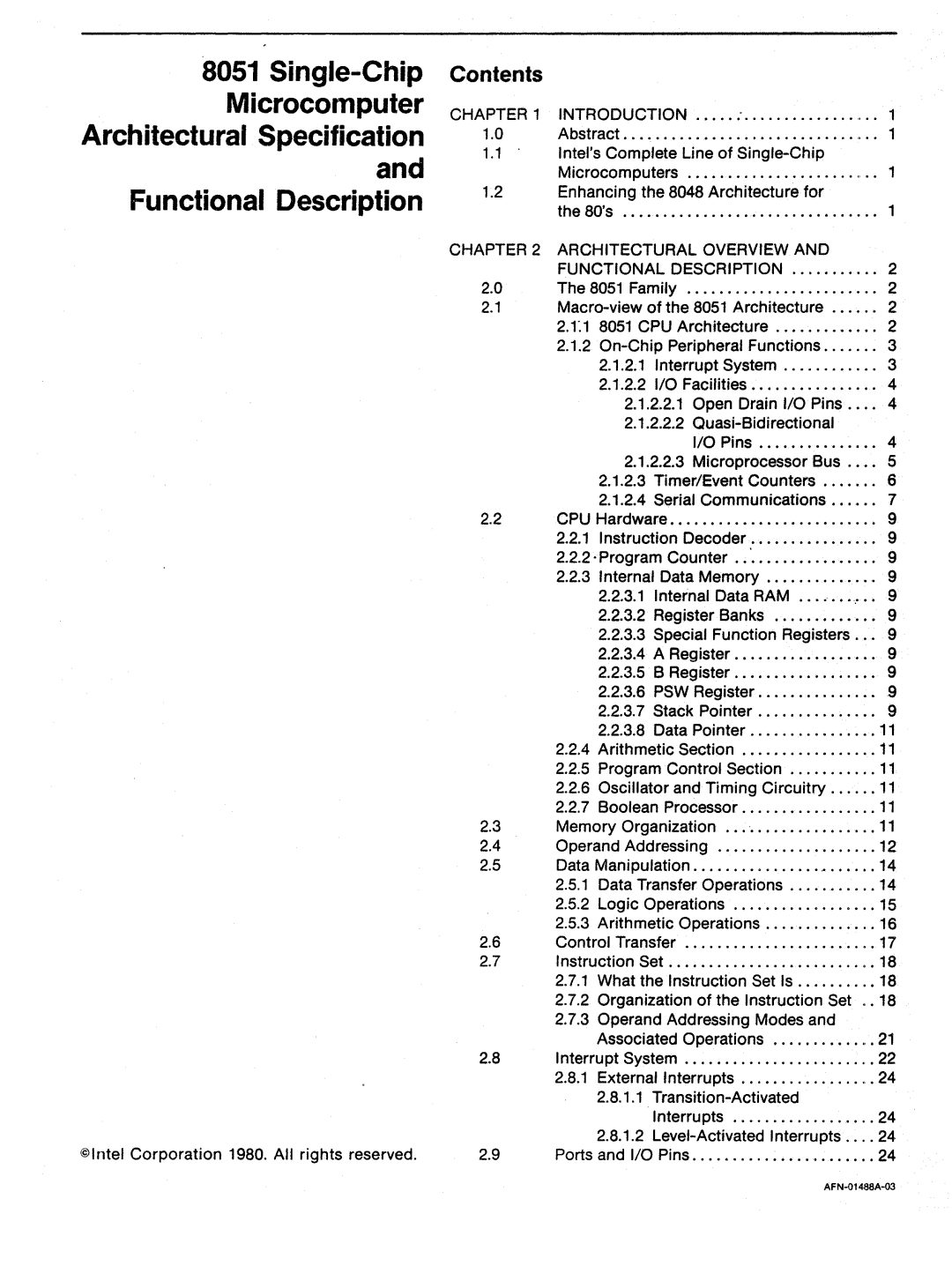 Intel 8051 manual Contents 