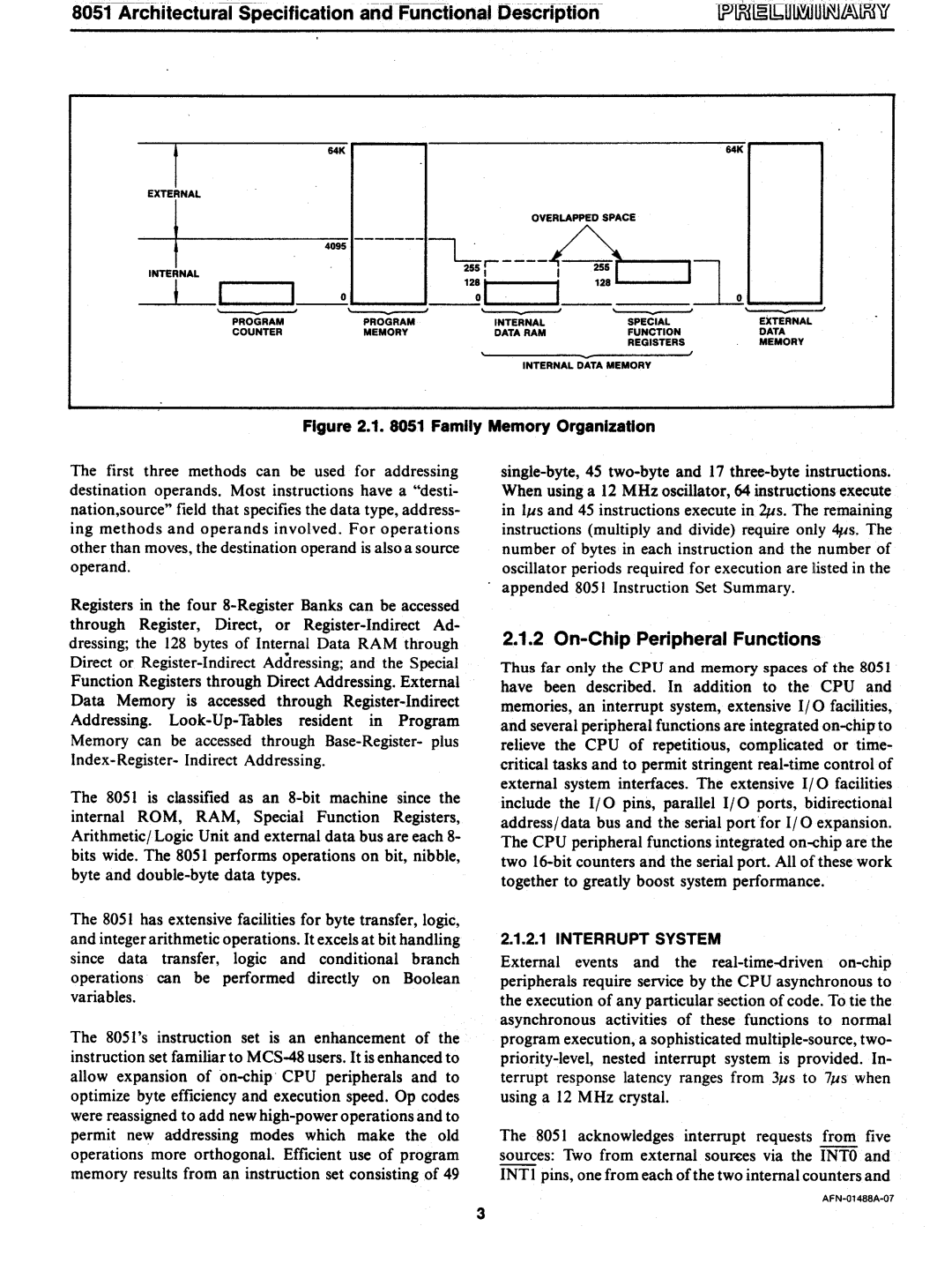 Intel 8051 manual Architectural Speciffcation ancrFunctionaJ Descrlpfion, On-Chip Peripheral Functions 