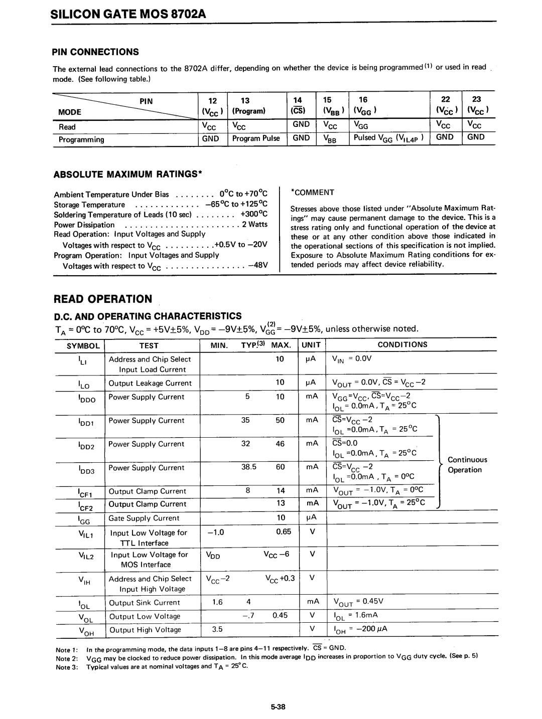 Intel 8080 manual PIN Connections, Operating Characteristics, Voo 