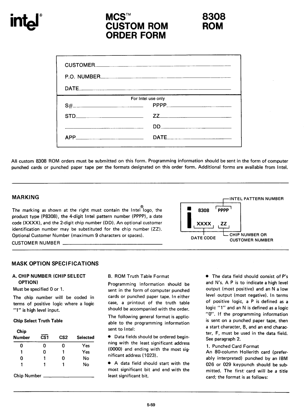 Intel 8080 manual Marking, Pppp, Mask Option Specifications, Customer Number Oate, Sto 