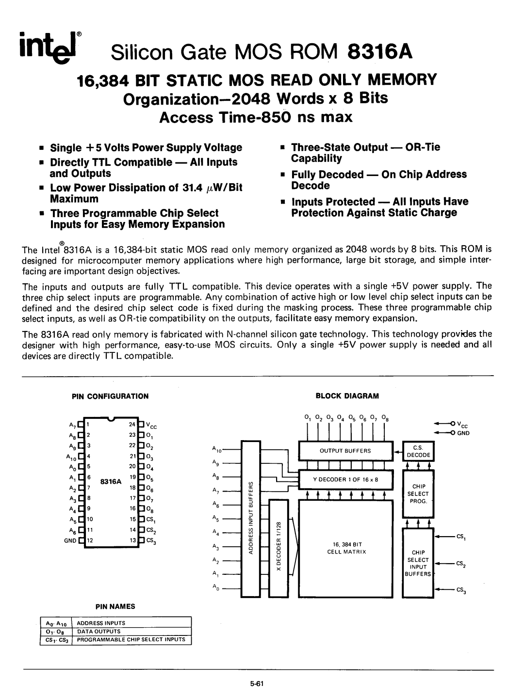 Intel 8080 manual Intel Silicon Gate MOS ROM 8316A, PIN Configuration Block Diagram 