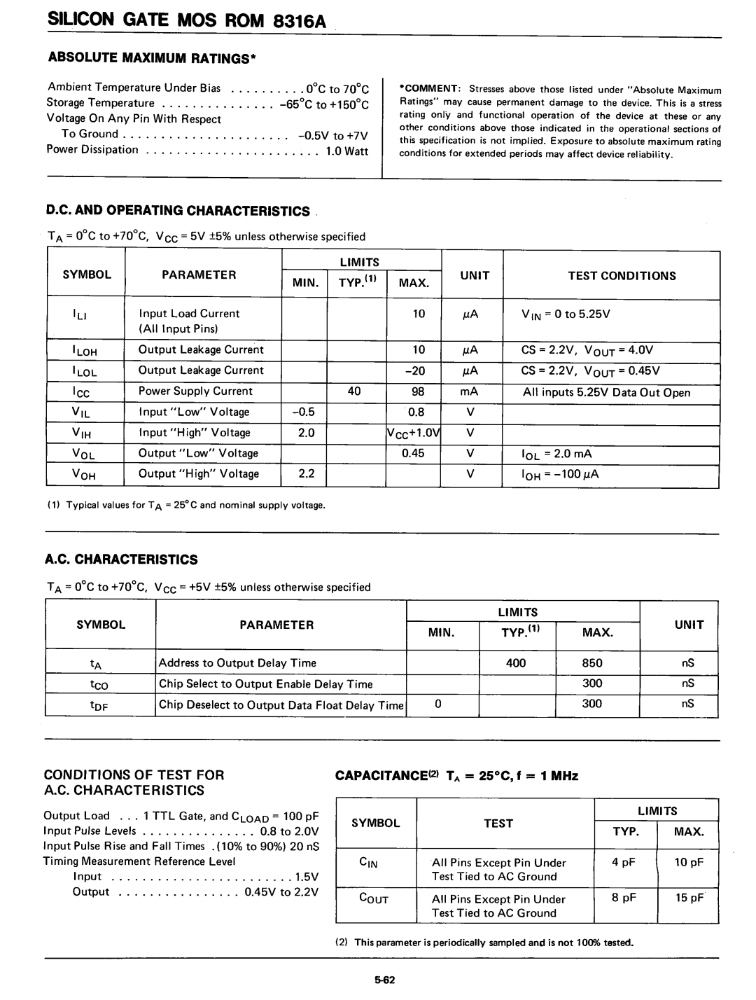 Intel 8080 manual 400, Conditions of Test for, CAPACITANCE2 TA = 25C, f = 1 MHz 