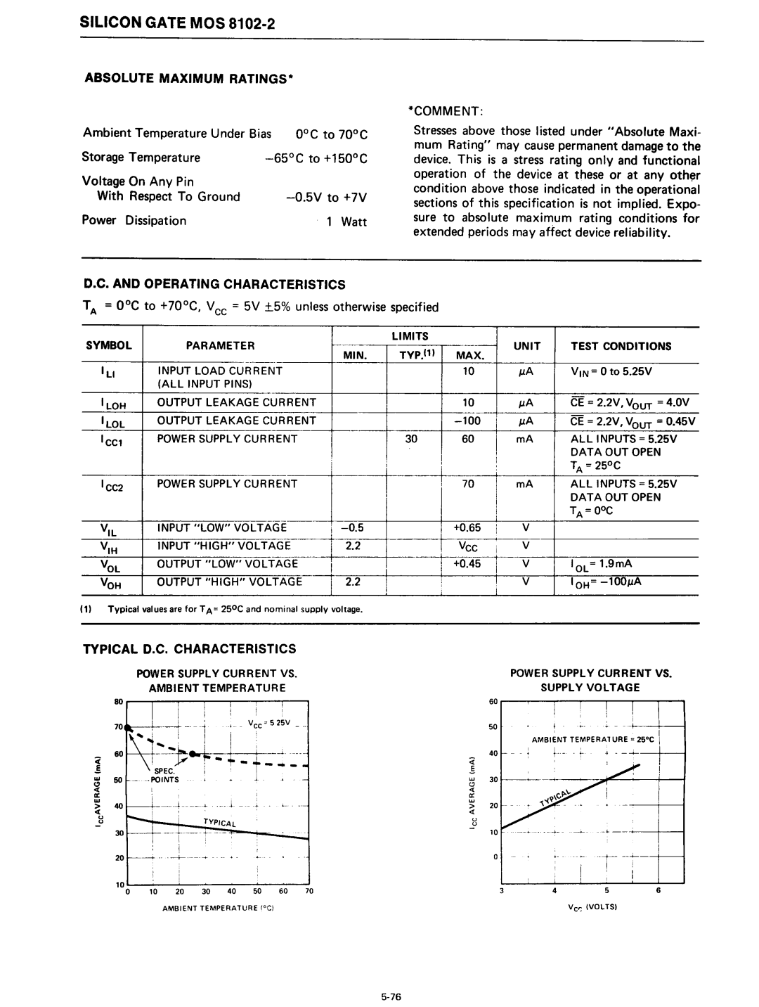 Intel 8080 5V to +7V, Power Dissipation Watt, Comment, TA = OOC to +70C, Vee = 5V ±5% unless otherwise specified, ~--i---± 