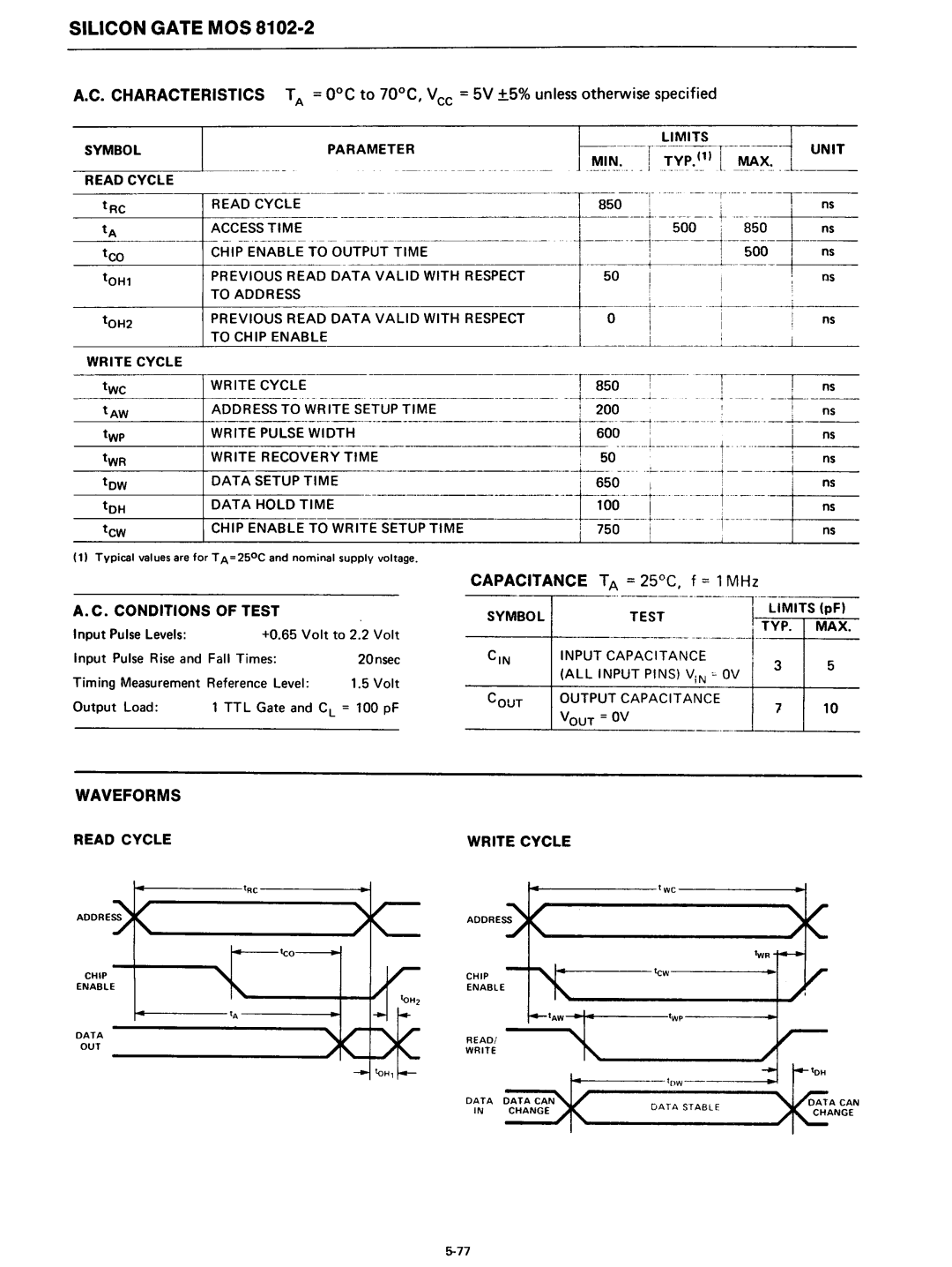 Intel 8080 manual 85o-·-···T, +--~~~TL~~~EEt~~~P-.±, Capacitance T a = 25C, f = 1MHz, Conditions of Test 