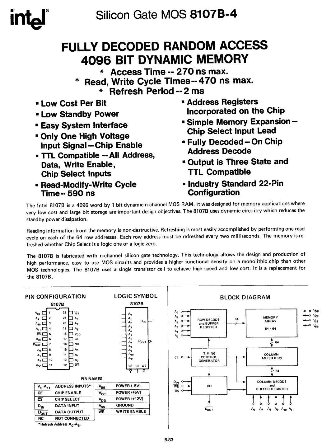 Intel 8080 manual Fully Decoded Random Access BIT Dynamic Memory, PIN Configuration Logic Symbol Block Diagram 